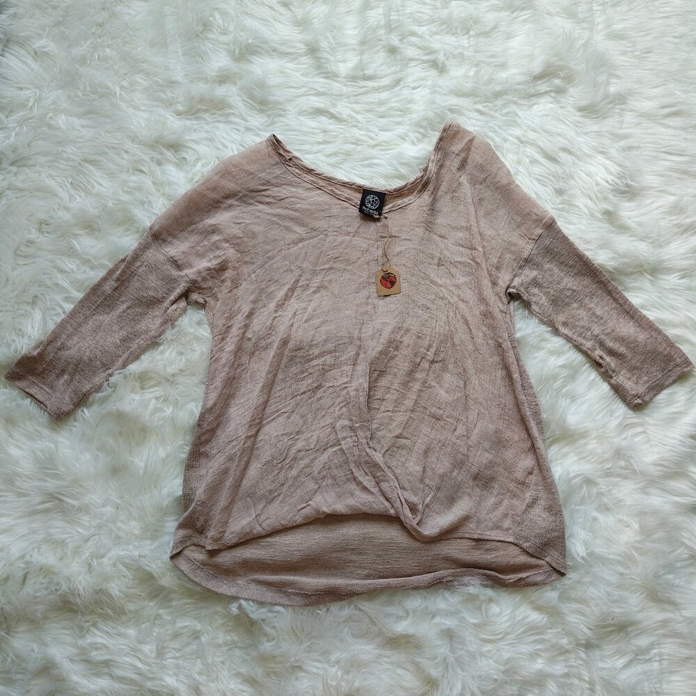 Bobeau Tan Linen Blend 3/4 Sleeve Relaxed Fit Top, SIZE XL